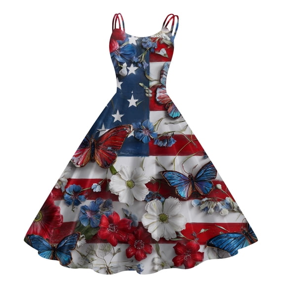 HAJWOH Women 4th of July Dresses 50s 60s Vintage Sleeveless Star and Stripe Print Cocktail Swing Dress Retro Patchwork Midi Evening Dress Red S