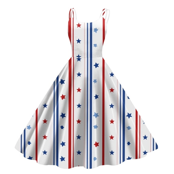 HAJWOH Women 4th of July Dresses 50s 60s Vintage Sleeveless Star and Stripe Print Cocktail Swing Dress Retro Patchwork Midi Evening Dress White S