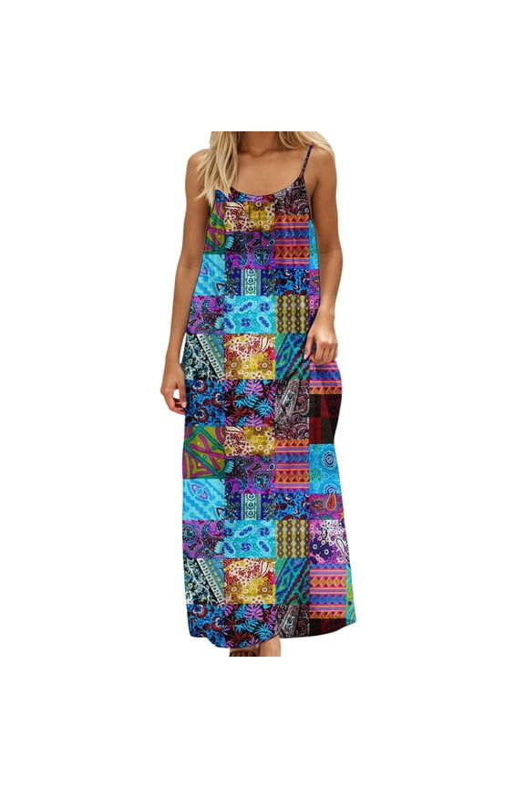 Women Backless Cami Dress, Summer Casual Sleeveless House Floral Print Lounge Dresses, Spaghetti Strap Flowy Long Beach Sundress Blue M