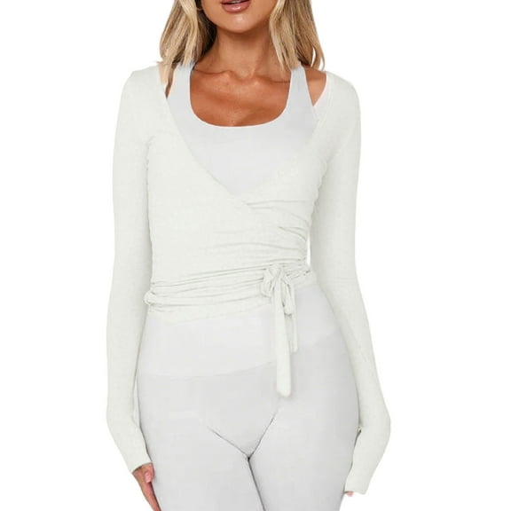 HAJWOH Women Ballet Wrap Top Long Sleeve Self Tie Dance Shirt Pilates Yoga Tops Y2k Workout Active Blouses White S
