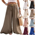 thumbnail image 1 of HAJWOH Women Boho Wide Leg Palazzo Pants, Elastic High Waist Flowy Crinkled Beach Trousers with Matching Belt & Pockets, Lightweight Summer Vacation Loose Fit Pants(Light Brown,S), 1 of 6