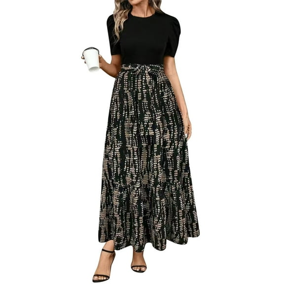 HAJWOH Women Dresses for Church Elegantes Puff Sleeve Spring Dresses with Belt Flowy Long Dresses Casual Fashion Cotton Dresses Dark Gray M
