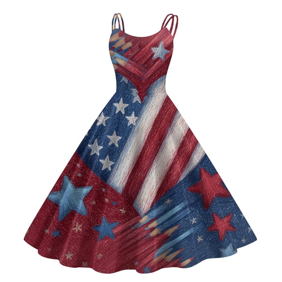 HAJWOH Women Independence Day Dresses 50s 60s Vintage Sleeveless Star and Stripe Print Cocktail Swing Dress Retro Patchwork Midi Evening Dress Blue XXL
