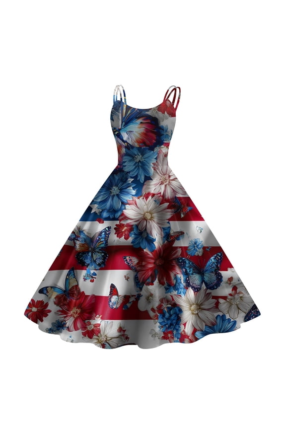 Women Independence Day Dresses 50s 60s Vintage Sleeveless Star and Stripe Print Cocktail Swing Dress Retro Patchwork Midi Evening Dress Red M