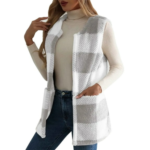 HAJWOH Women Plaid Hooded Vest Sleeveless Long Jacket Lightweight Shirts Soft Warm Outerwear Light Gray L