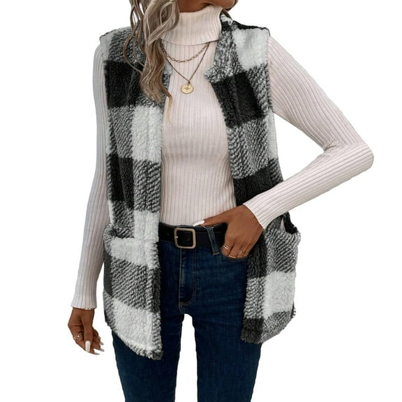 HAJWOH Women Sleeveless Plaid Hooded Vest Long Lightweight Shirts Soft Warm Outerwear Black L