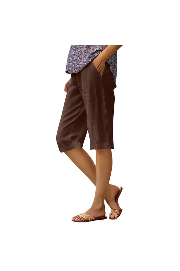 Women Summer Pull On Linen Bermuda Shorts Knee Length Gauze Beach Capris with Pockets