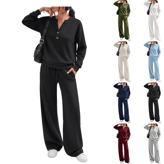 HAJWOH Women's 2 Piece Henley V Neck Sweatshirt & Sweatpants Fall Lounge Set Sweatsuits