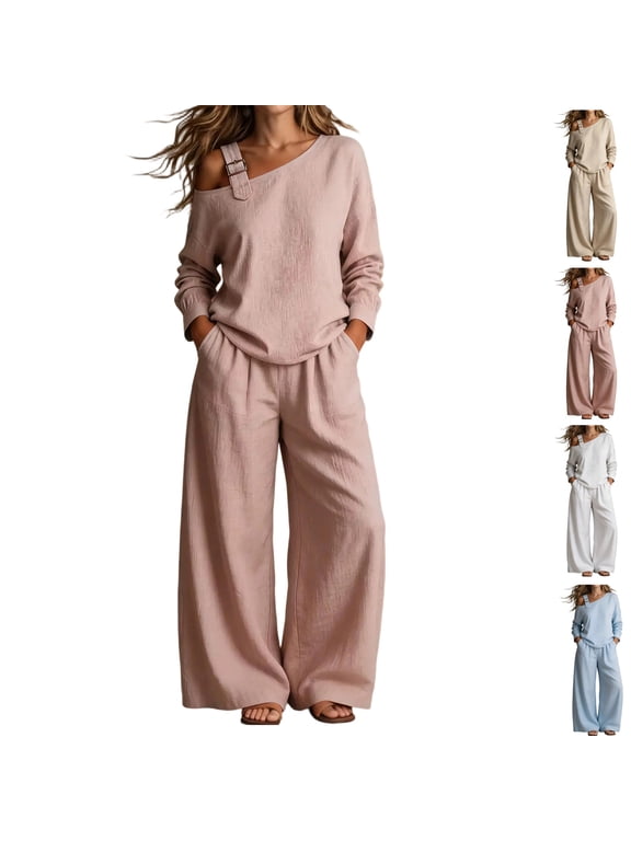Women’s 2 Piece Lounge Outfit Set Off-shoulder long sleeve top with buckle strap detail and wide leg pants for relaxed travel, resort, and everyday styling.