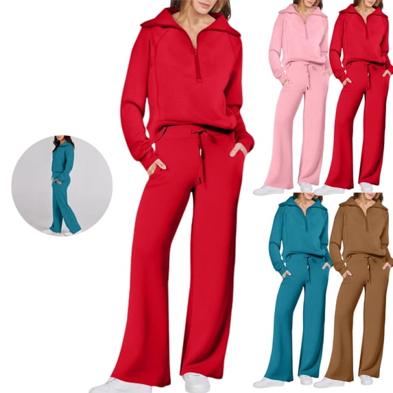 HAJWOH Women’s 2 Piece Outfits Half Zip Sweatshirt & Wide Leg Pants Travel Casual Matching Sets Sweatsuits Clothing