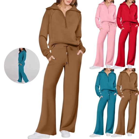 HAJWOH Women’s 2 Piece Outfits Half Zip Sweatshirt & Wide Leg Pants Travel Casual Matching Sets Sweatsuits Clothing