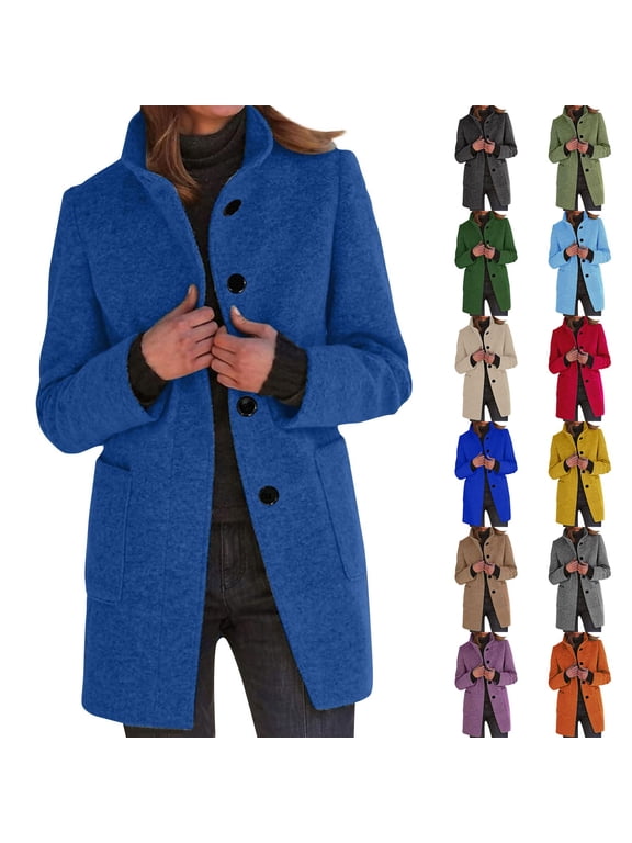 Women's Blend Coat Single-Breasted Stand Collar Trench Coats Mid Long Warm Overcoat Casual Long Sleeve Pea Coats