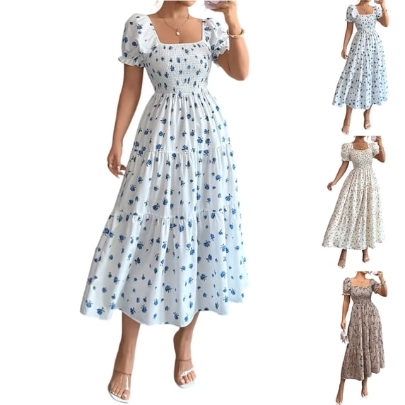 HAJWOH Women's Casual Summer Midi Dress Puff Short Sleeve Smocked Flowy Beach Boho Long Floral Dress