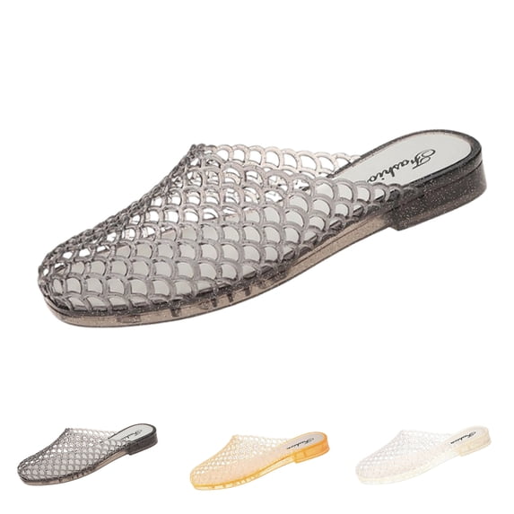 HAJWOH Women's Clear Jelly Mesh Slides Sandals Casual Comfortable Closed Round Toe Slip On Transparent Low Heel Mules for Summer Daily Vacation Anti-Slip Beach Jellies Slippers