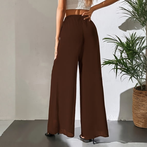 HAJWOH Women's Elastic Waist Chiffon Wide Leg Pants High Rise Flowy Palazzo Pants Lightweight Casual Summer Vacation Beach Trousers