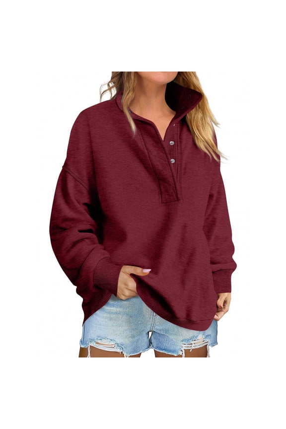 Women's Fashion Hoodies & Sweatshirts Quarter Button Down Henley Neck Pullover Oversized Casual Long Sleeve Outfits Winter Loose Clothing Wine M