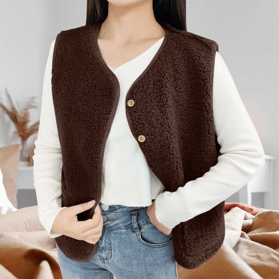 HAJWOH Women's Fuzzy Fleece Vest Oversized Sherpa Button Down Jacket Fall Fashion Warm Sleeveless Cardigan Outerwear