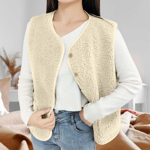 HAJWOH Women's Fuzzy Fleece Vest Oversized Sherpa Button Down Jacket Fall Fashion Warm Sleeveless Cardigan Outerwear