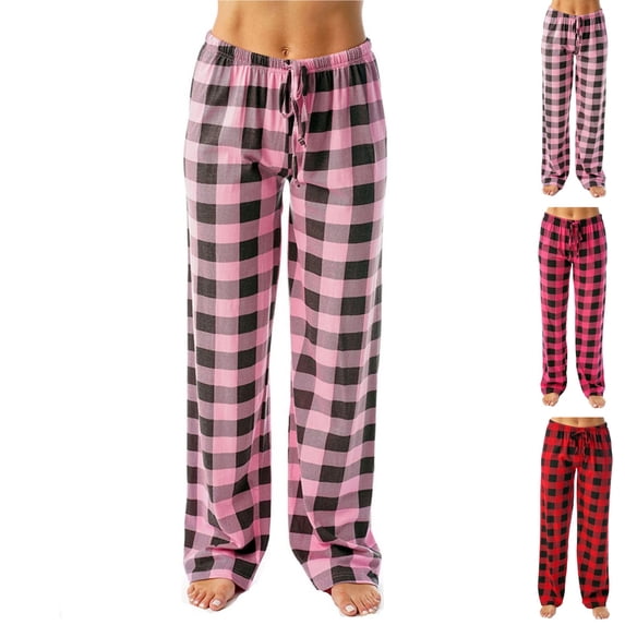 HAJWOH Women's Pants Plaid Soft Comfy Lounge Pants Loose Fit Drawstring Waist Sleep Bottoms