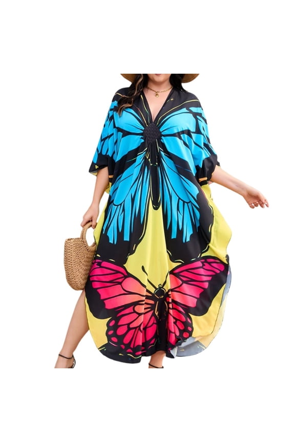 Women’s Plus Size Kaftan Cover Up V Neck Batwing Sleeve Lightweight Beach Loungewear