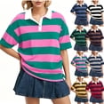thumbnail image 1 of HAJWOH Women's Rugby Shirt Striped Polo T-Shirts Back To School Short Sleeve Lapel Collar Tee Summer School Uniform, 1 of 5