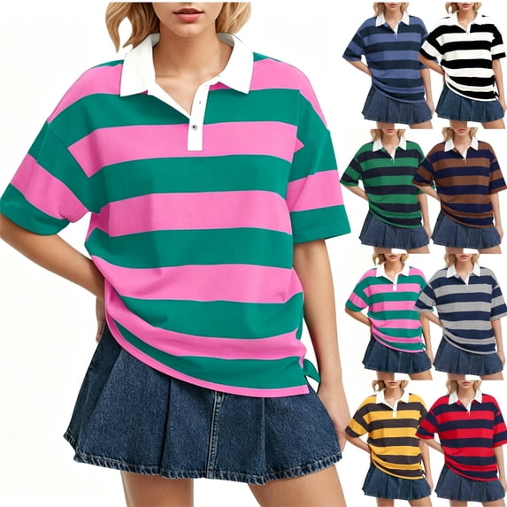 HAJWOH Women's Rugby Shirt Striped Polo T-Shirts Back To School Short Sleeve Lapel Collar Tee Summer School Uniform