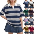 thumbnail image 1 of HAJWOH Women's Rugby Shirt Striped Polo T-Shirts Back To School Short Sleeve Lapel Collar Tee Summer School Uniform, 1 of 5