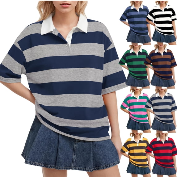 HAJWOH Women's Rugby Shirt Striped Polo T-Shirts Back To School Short Sleeve Lapel Collar Tee Summer School Uniform