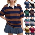 thumbnail image 1 of HAJWOH Women's Rugby Shirt Striped Polo T-Shirts Back To School Short Sleeve Lapel Collar Tee Summer School Uniform, 1 of 5