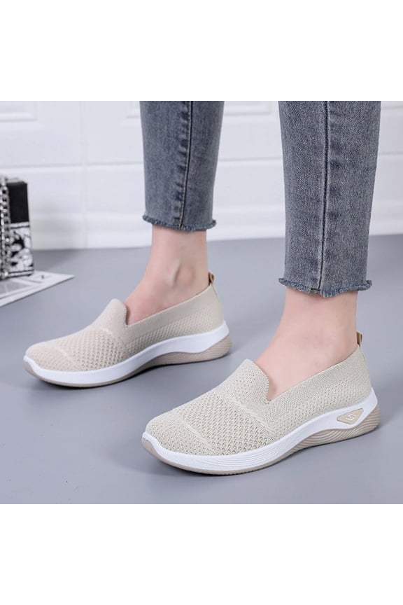 Women's Slip On Orthopedic Sneakers, Walking Shoes with Arch Support for Plantar Fasciitis, Wide Width Beige US-8.5（EU-41）