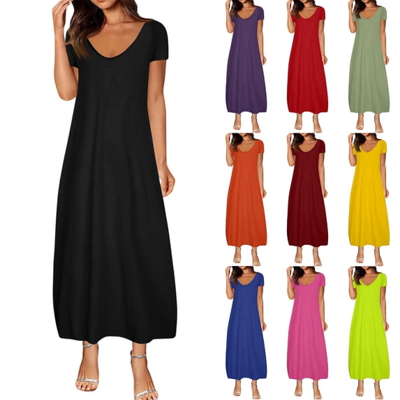 HAJWOH Women's Summer Dresses Short Sleeve With Pockets Loose Maxi Long Dresses