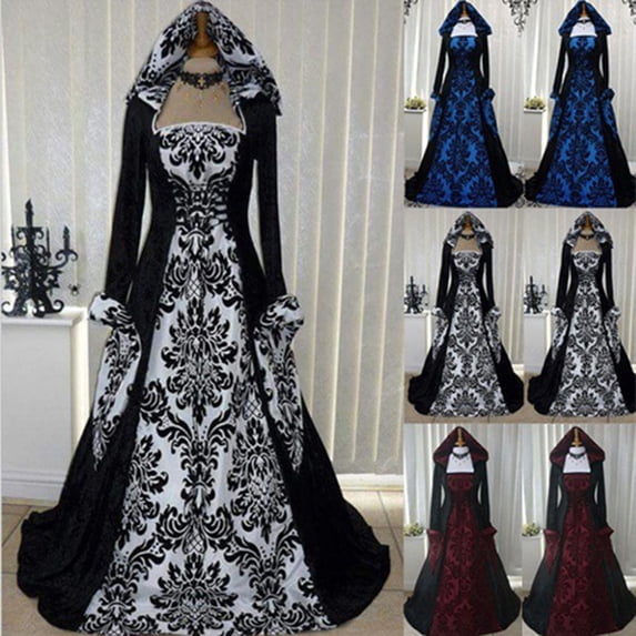HAJWOH Women's Witch Dress Costume Vintage Halloween Dress Hooded Gown Dress Cosplay