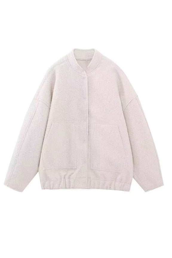 Women's Wool Blend Streetwear Bomber Jacket Button Closure Stand-Collar Shacket Oversized Varsity Jacket Beige M