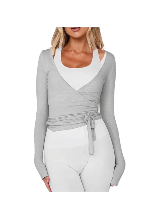 Womens Ballet Wrap Top Long Sleeve Tie Front Workout Cover Up Pilates Yoga Tops Y2k Fairy Coquette Shirt Going Out Light Gray L