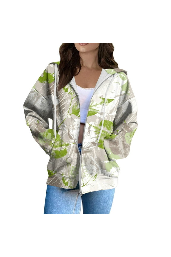 Womens Camo Zip Up Hoodie Maple Leaf Print Oversized Hooded Sweatshirt Fleece Long Sleeve Jacket Green L