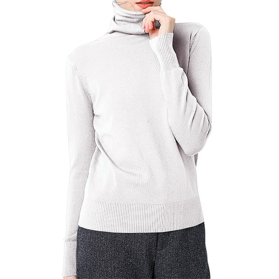 HAJWOH Womens Sweaters Long Sleeve Wool Sweaters Warm Mock Neck Fuzzy Pullover Tops Fitted Knit Sweater 2025 Clothes White L