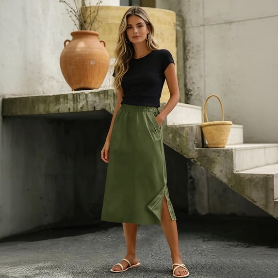 HAJWOH Womens Cotton Linen Midi Skirt High Waist A-Line Flowy Swing Casual Boho Long Skirt with Pockets