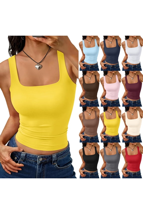 Womens Double Lined Tank Tops Crop Summer Fashion Clothing 2026 Basic Square Neck Sleeveless Top