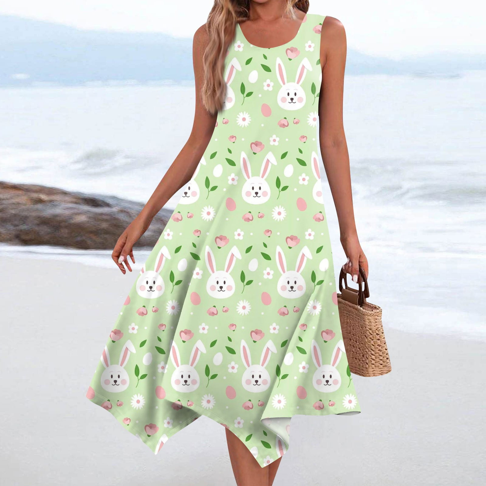 easter dresses 2025 HAJWOH Womens Bunny Egg Graphic Sleeveless Spring Dresses Casual Soft Crewneck Boho Tank Dresses Midi Dress Happy Easter Gift for Women Green XXL womens cute easter dresses The