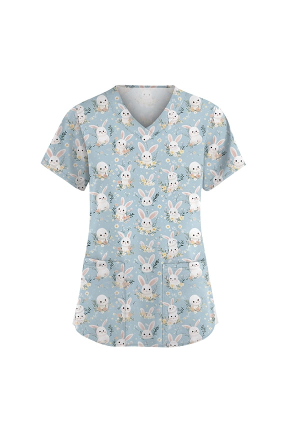 Womens Easter Scurb Happy Cartoon Bunny Print Nursing Uniforms Short Sleeve V Neck Medical Scrub Shirts Oversized Holiday Easter Bunny Scrub Jackets