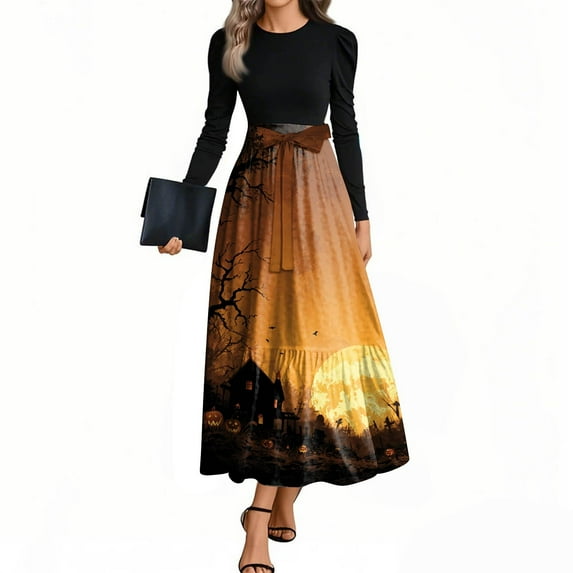 HAJWOH Womens Halloween Dresses Elegantes Flowy Ruffle Hem Long Dresses Long Sleeve Fall Winter Dresses with Belt Trendy Crewneck Wedding Guest Dresses Yellow XXL