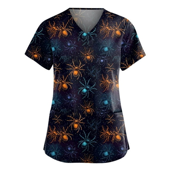 HAJWOH Womens Halloween Scrub Tops Short Sleeve Nursing Uniforms Funny Pumpkin Bat Ghost Spider Witch Print Medical Scrub Trendy Vneck Scurbs Navy S