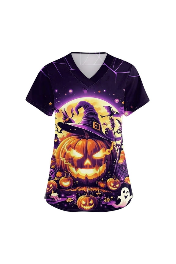 Womens Halloween Scrub Tops Short Sleeve Nursing Uniforms Novelty Pumpkin Bat Ghost Spider Witch Print Medical Scrub Casual Vneck Scurb Tops Gold XXXL