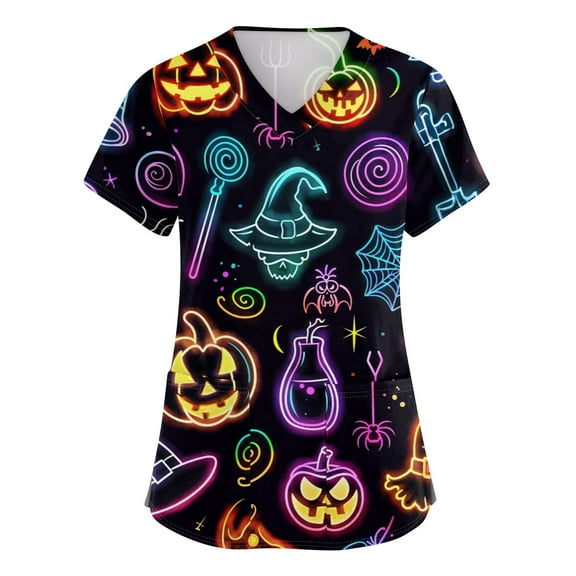 HAJWOH Womens Halloween Scrub Tops Short Sleeve Nursing Uniforms Novelty Pumpkin Bat Ghost Spider Witch Print Medical Scrub Shirts Comfy V Neck Scurbs Blue XXXXXL