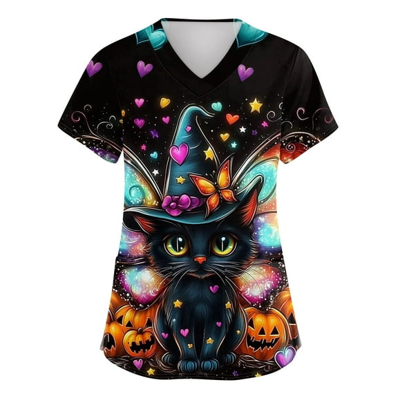 HAJWOH Womens Halloween Scrub Tops Short Sleeve Nursing Uniforms Novelty Pumpkin Bat Ghost Spider Witch Print Medical Scrub Soft V Neck Scurbs Blue S
