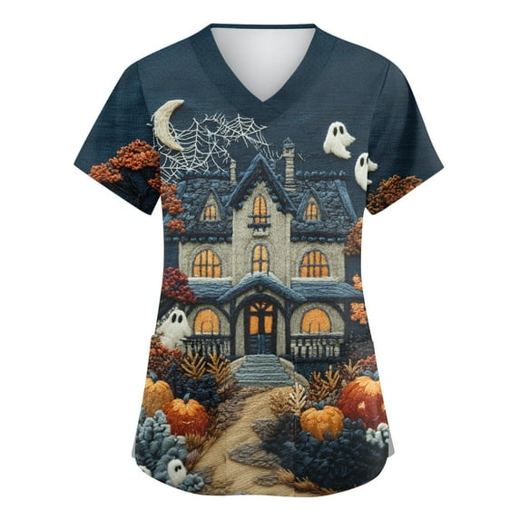 HAJWOH Womens Halloween Scrub Tops Short Sleeve Working Uniform Funny Pumpkin Bat Ghost Spider Witch Print Medical Scrub Fashion Vneck Scurbs Dark Gray XXL