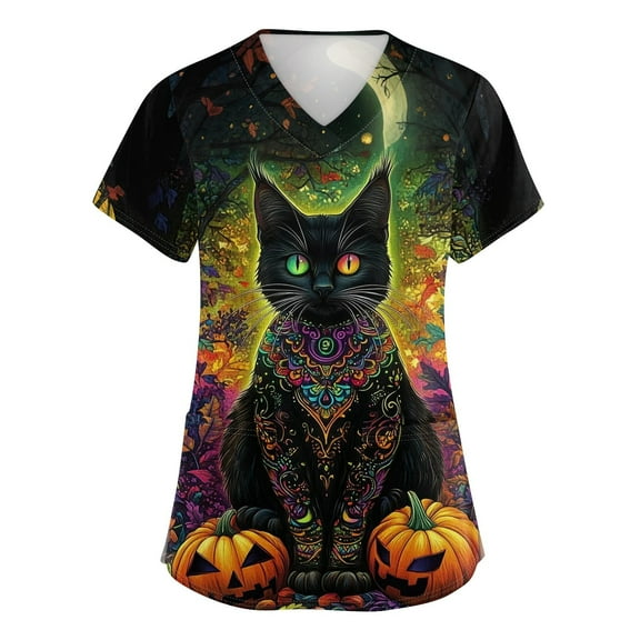 HAJWOH Womens Halloween Scrub Tops Short Sleeve Working Uniform Novelty Pumpkin Bat Spider Print Medical Scrub Shirts Casual V Neck Scurb Tops Black XXXL