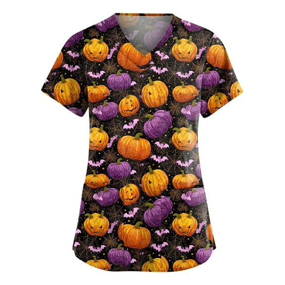 HAJWOH Womens Halloween Scrub Tops Short Sleeve Working Uniform Novelty Pumpkin Bat Spider Print Medical Scrub Shirts Stretchy Vneck Scurbs Purple XL