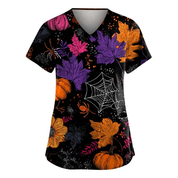HAJWOH Womens Halloween Scrub Tops Short Sleeve Working Uniform Novelty Pumpkin Bat Spider Print Medical Scrub Stretchy Vneck Scurbs Orange XXXL