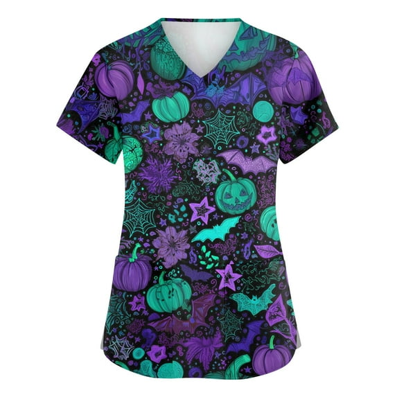 HAJWOH Womens Halloween Scrub Tops Short Sleeve Working Uniform Novelty Pumpkin Bat Spider Print Medical Scrub Trendy Vneck Scurbs Purple XXXXL
